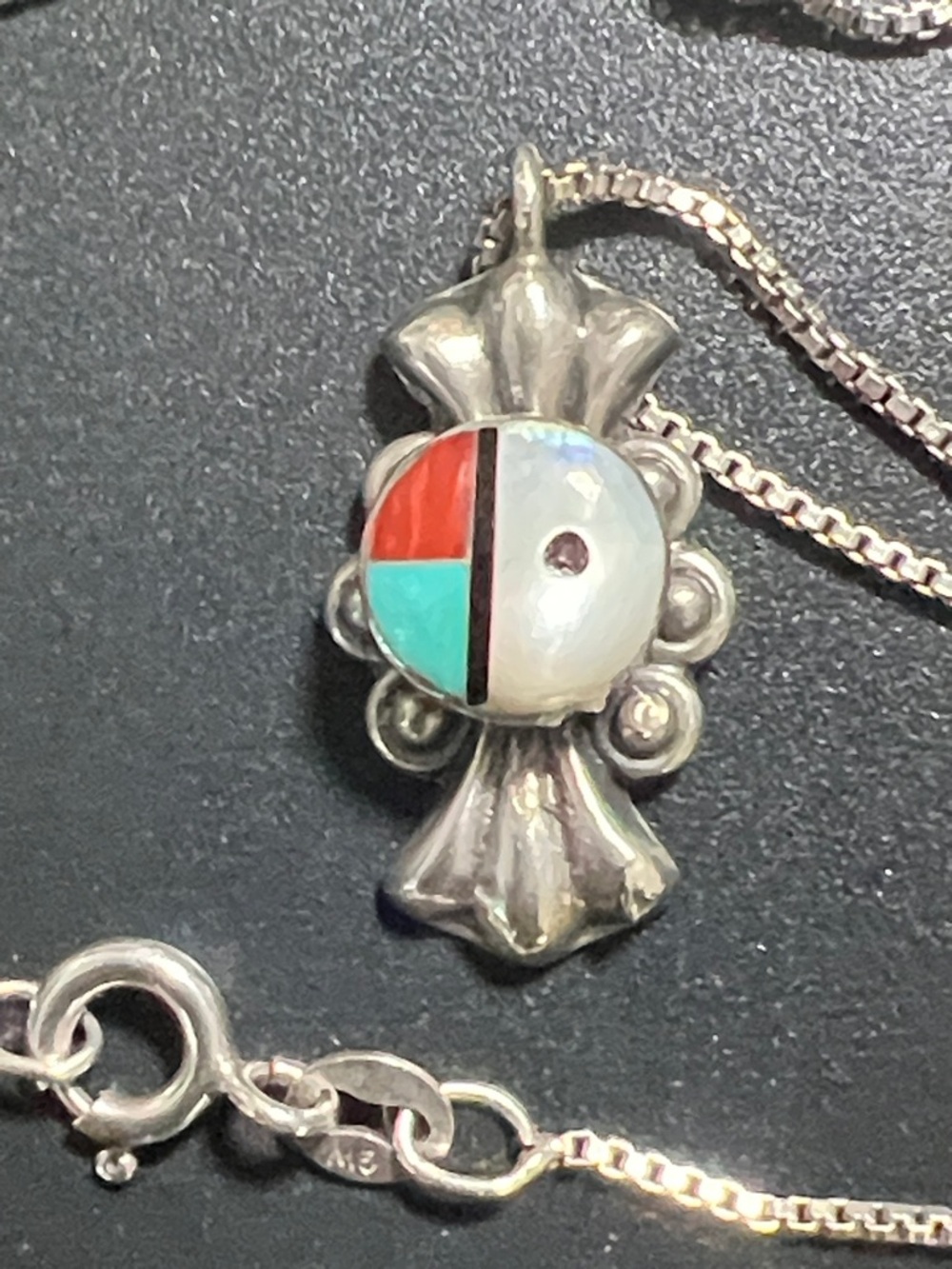 Sterling Silver Native Inlay Pendant Necklace - Pearl, Turquoise & Red Accents
